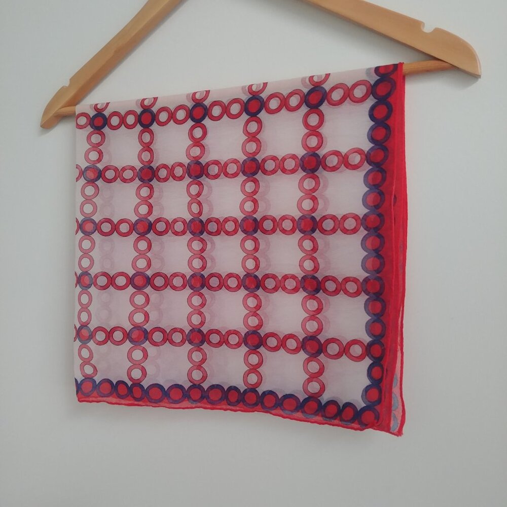 4/$20 Vintage square scarf white with red and blue geometric pattern